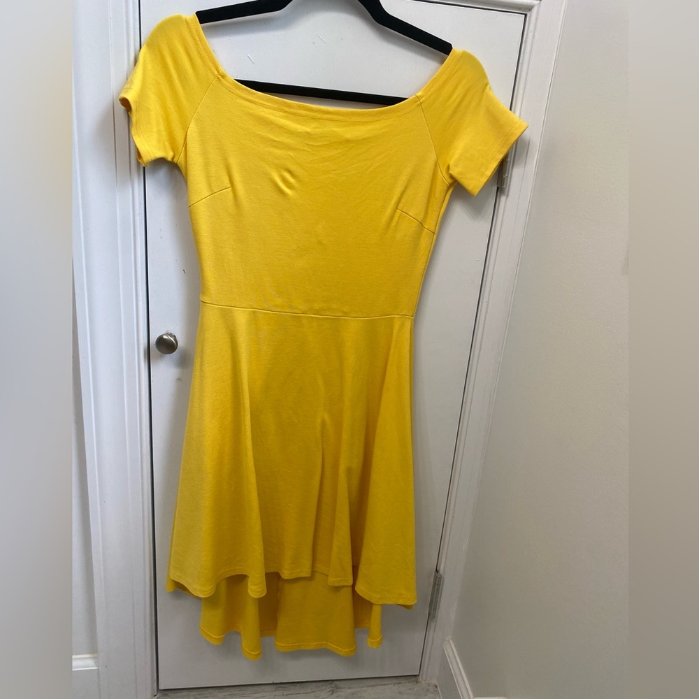 Bright Yellow Short Sleeve Off Shoulder High Low Dress